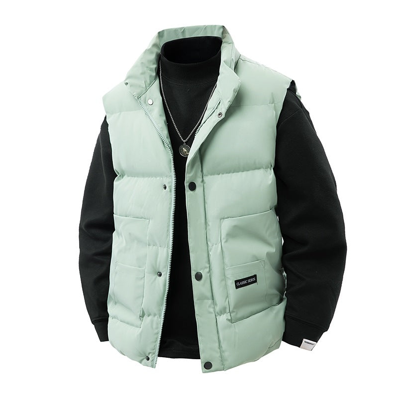 Men's Thermo Quilted Vest with High Collar Trim, Snap Button Front & Mounted Utility Pockets