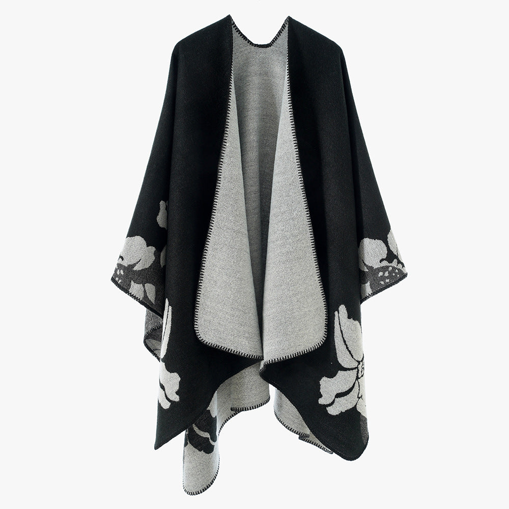 Women's Reversible Wool Blend Cape with Floral Jacquard and Open Draping