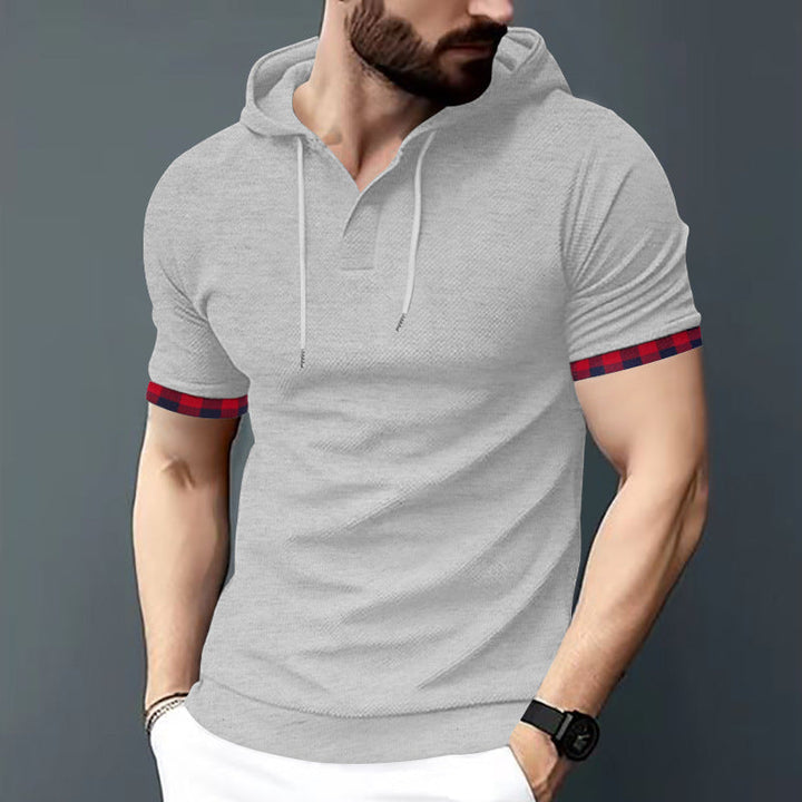 Men's Fitted Short Sleeve Hooded Polo Shirt with Henley Placket and Drawstring