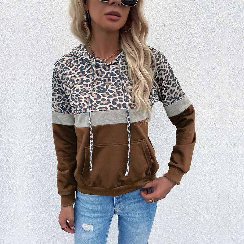 Women's Hoodie with Leopard Print, Color Block Insert and Kangaroo Pocket