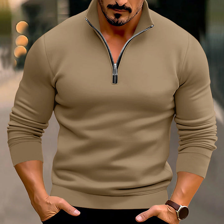 Men's Fitted Fine Knit Pullover with Short Zipper and Stand-up Collar