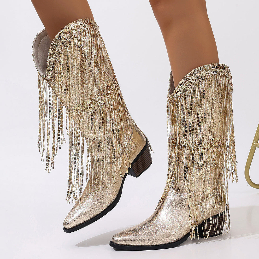 Women's Knee-high Fringe Cowboy Boots with Fine Beaded Fringe Decoration and Sculpted Block Heel