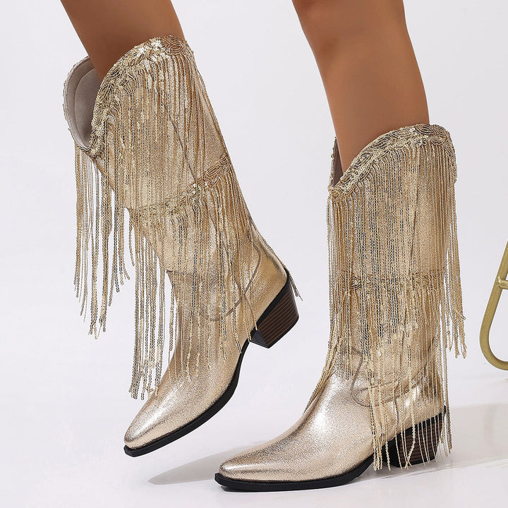 Women's Knee-high Fringe Cowboy Boots with Fine Beaded Fringe Decoration and Sculpted Block Heel