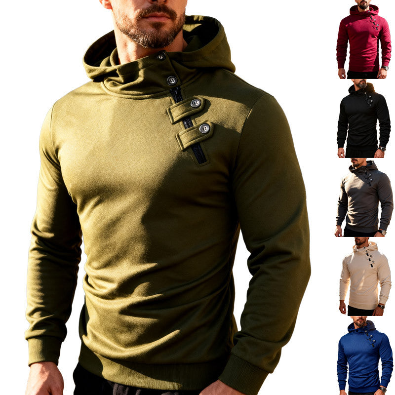 Men's Fitted Hoodie with High Collar, Decorative Tabs and Concealed Diagonal Zipper