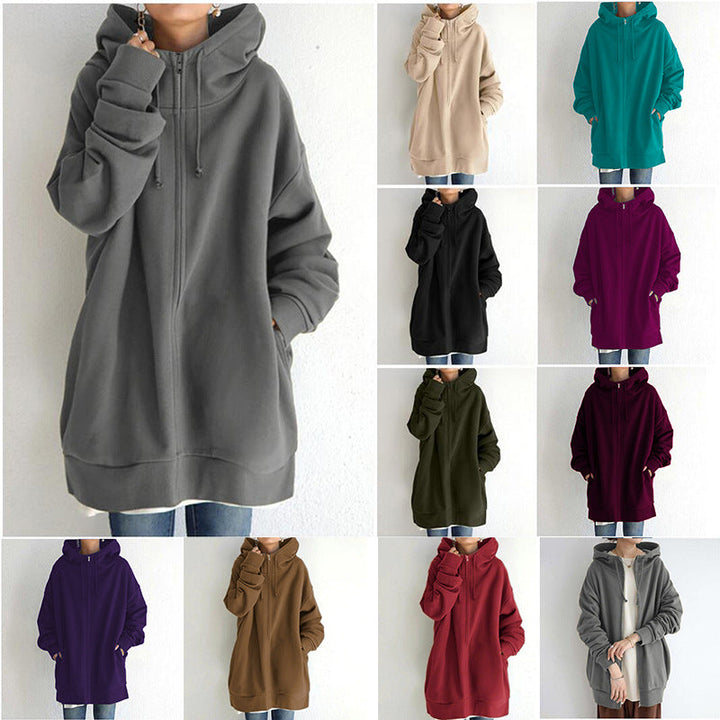 Women's Oversized Hooded Long Pullover with Zipper and Side Pockets