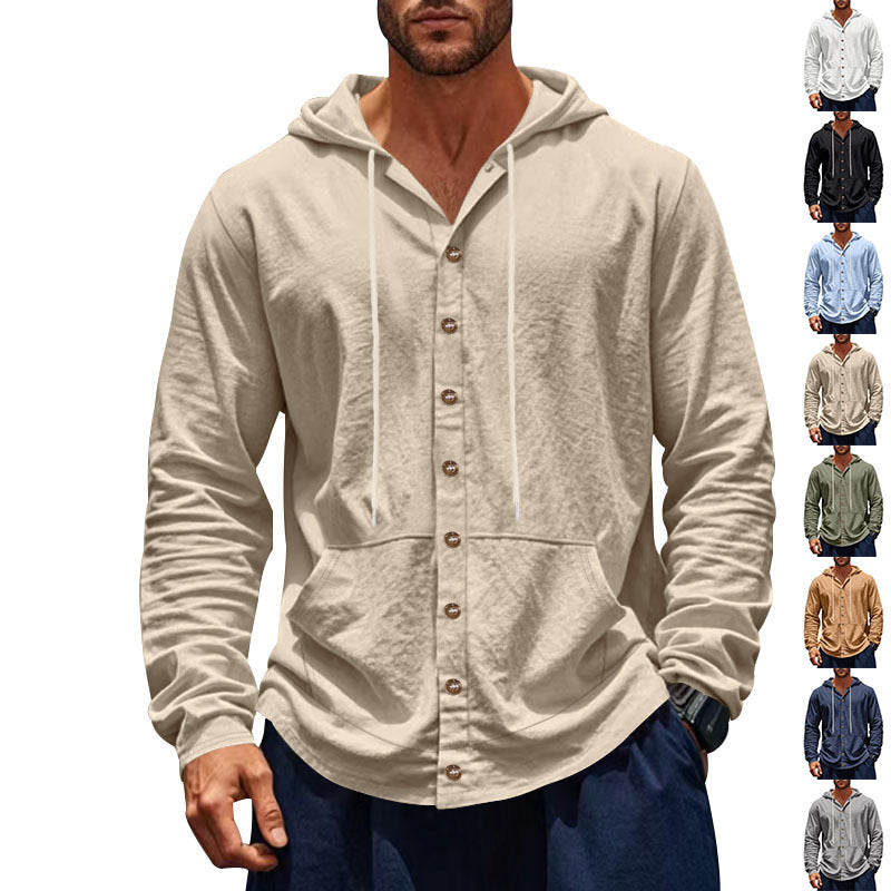 Men's Lightweight Hoodie Cardigan with Full Button Placket, Slim Fit and Kangaroo Pocket