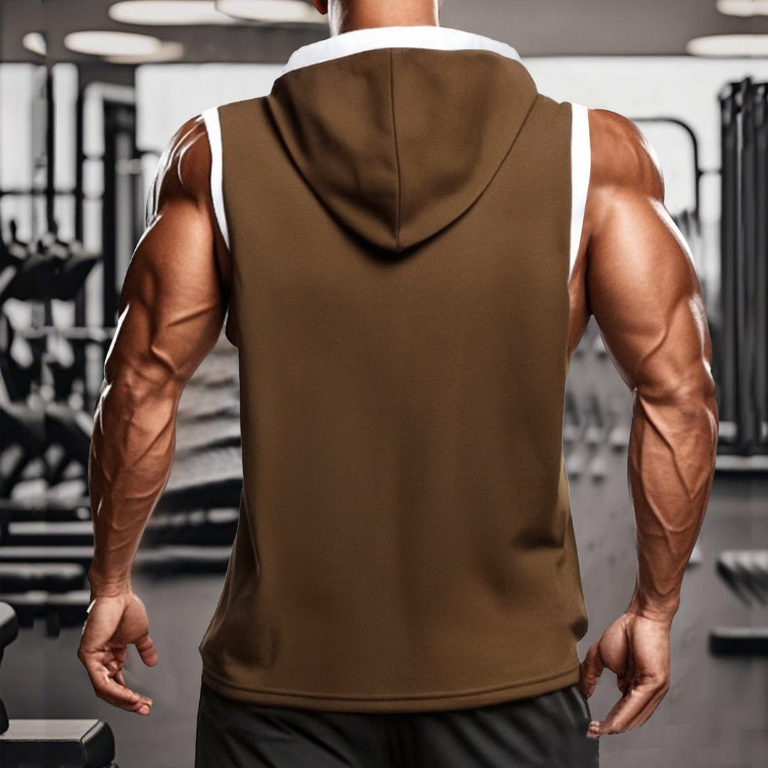 Men's Sleeveless Hoodie Polo Shirt with Mesh Structure and Henley Button Placket