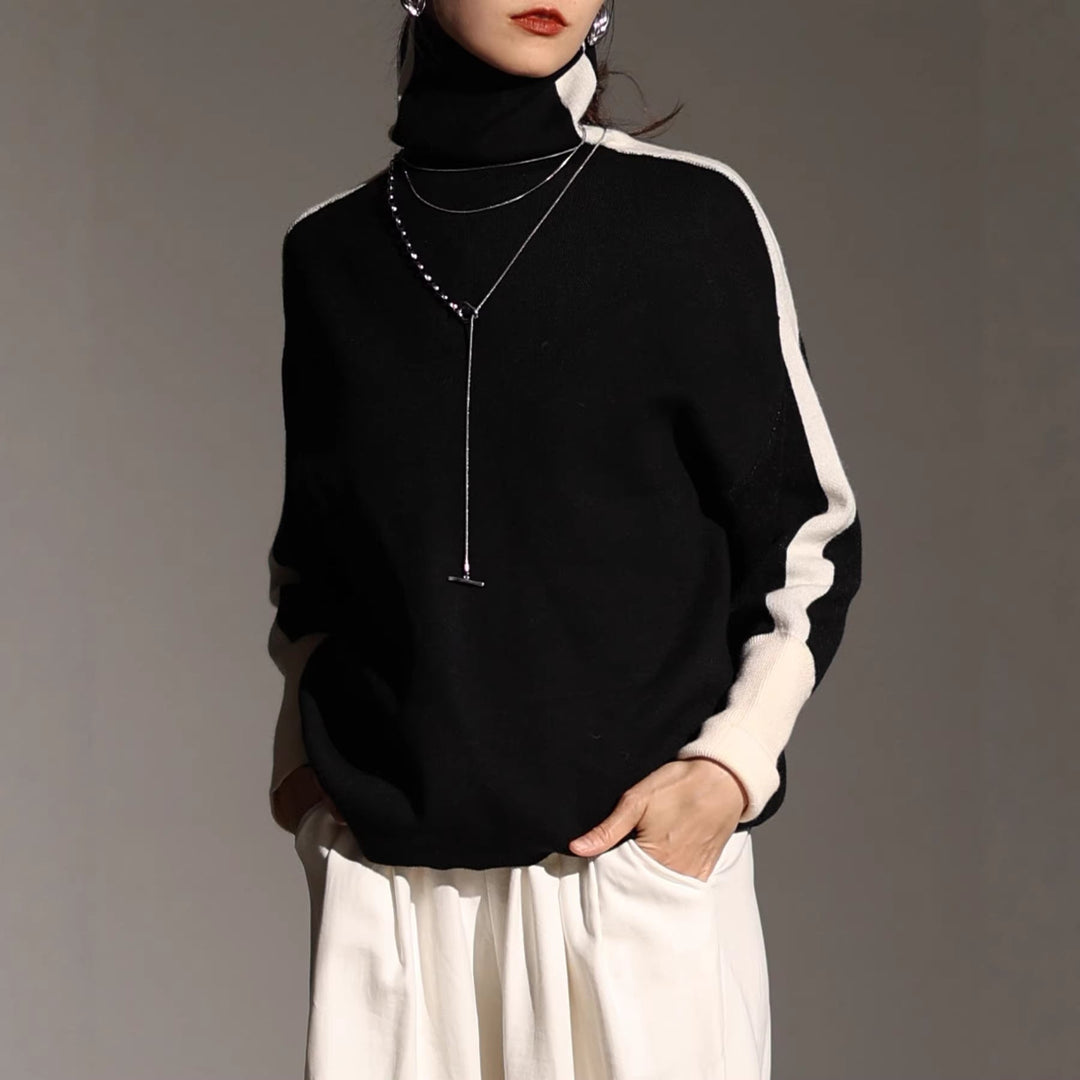 Women's Roll Neck Fine Knit Sweater with Wide Raglan Sleeves and Contrast Stripes