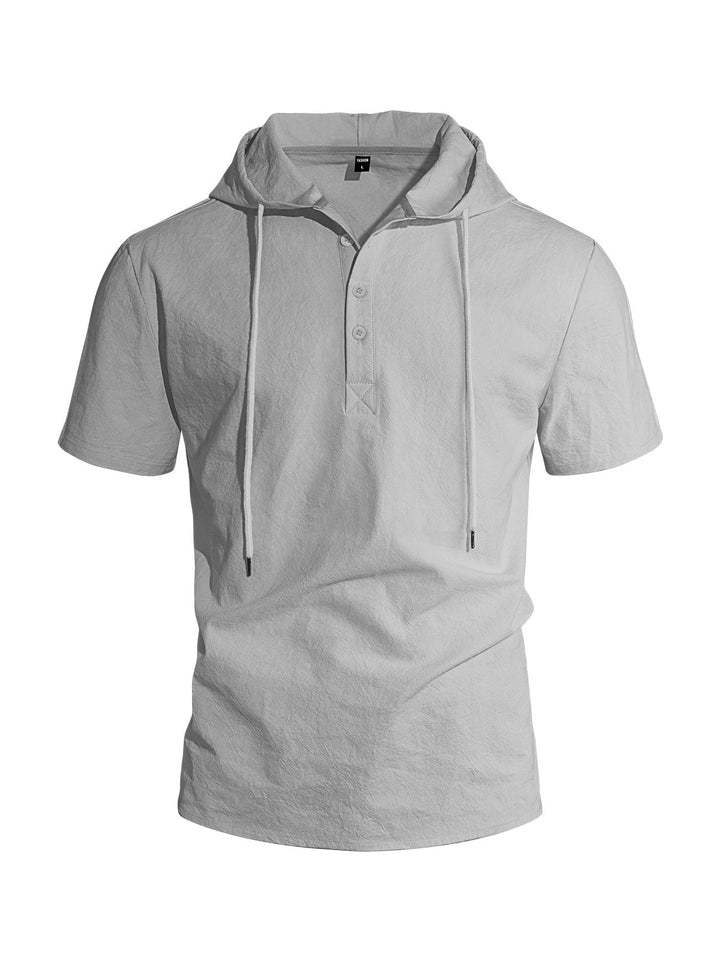 Men's Short-sleeved Hooded Henley made of Slub Cotton with Concealed Button Placket and Drawstring