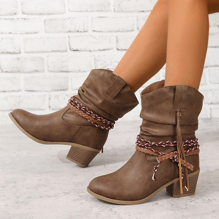 Women's Knee-high Fringe Cowboy Boots with Fine Beaded Fringe Decoration and Sculpted Block Heel
