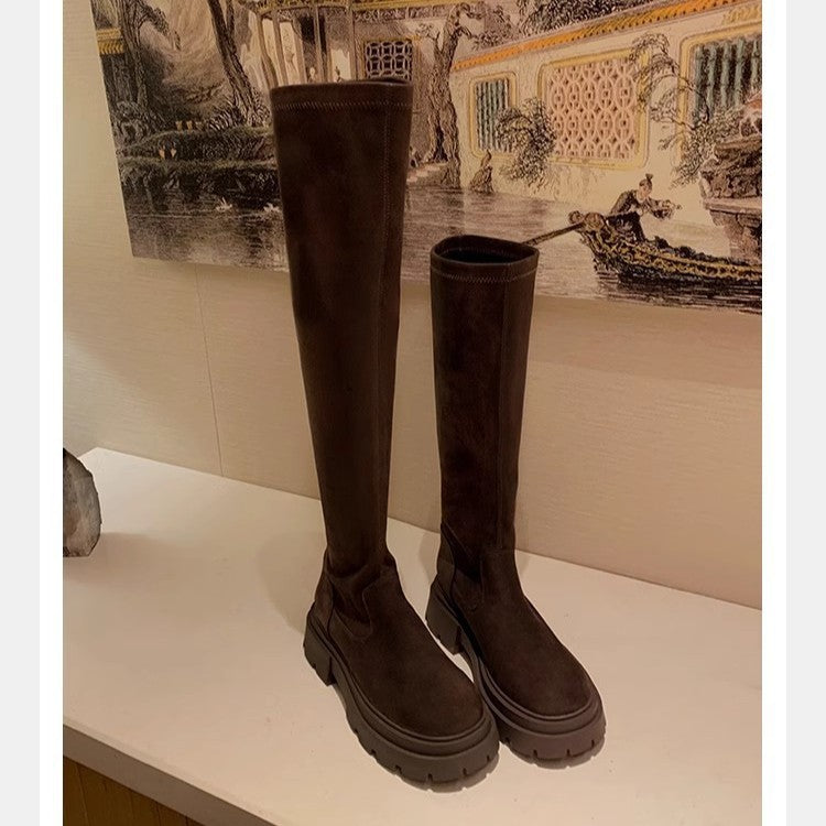Women's Mid-Calf Suede Boots with Distinctive Lug Profile Sole and Elastic Slip Shaft