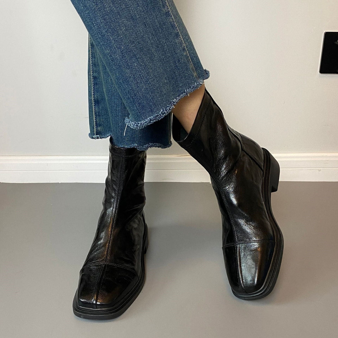 Women's Leather Boots with Square Toe and Patterned Rubber Sole
