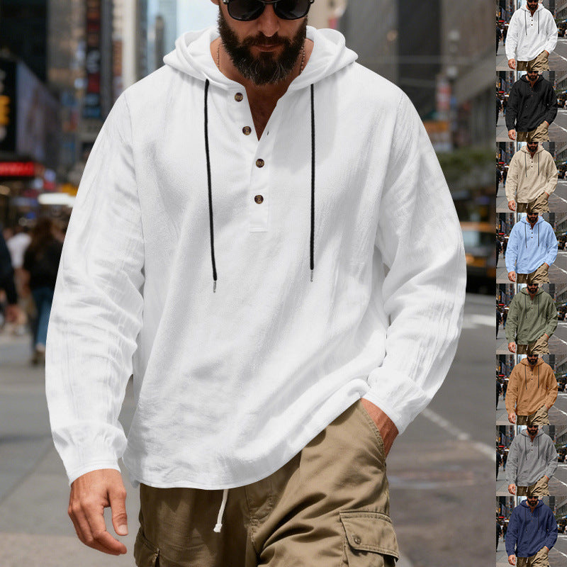 Men's Lightweight Hooded Shirt with Button Placket made of Linen Blend and Relaxed Fit