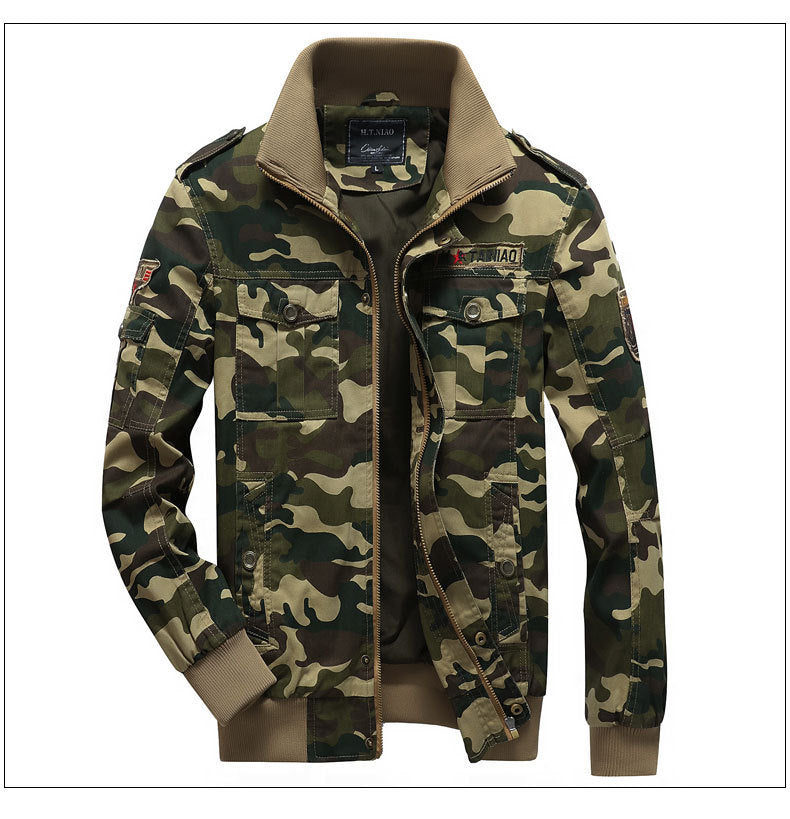 Men's Camouflage Utility-Style Field Jacket with Ribbed Cuffs and Shoulder Flaps