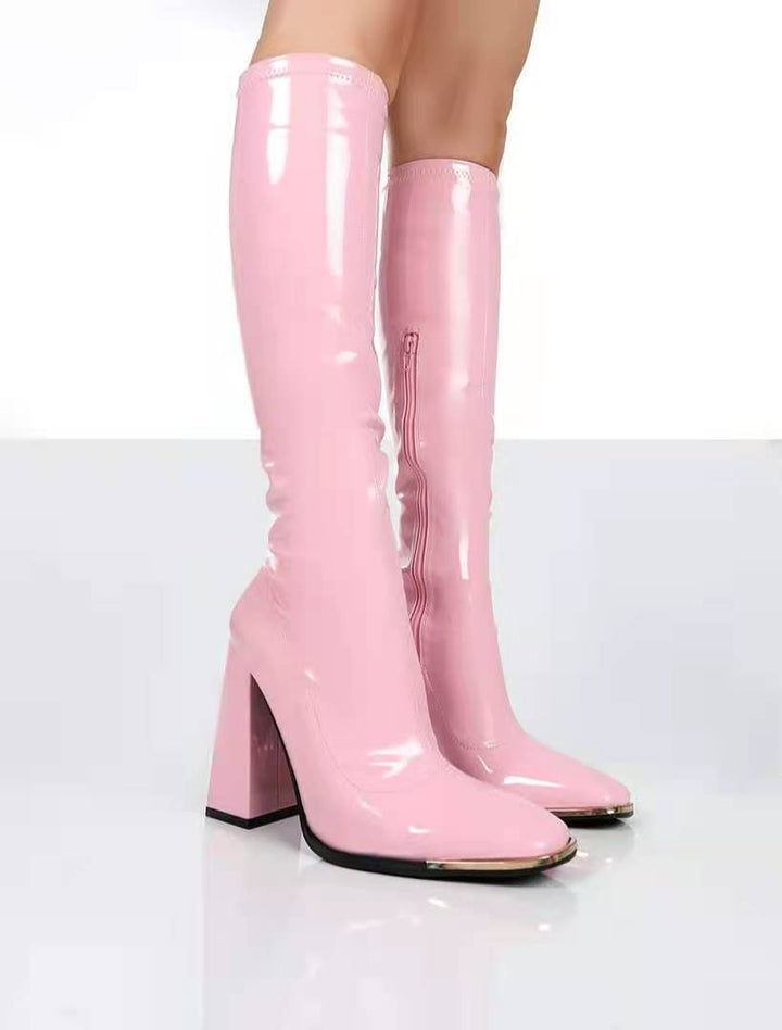 Women's Knee-High Patent Leather Boots with Block Heels, Square Toe and Metal Cap Protection