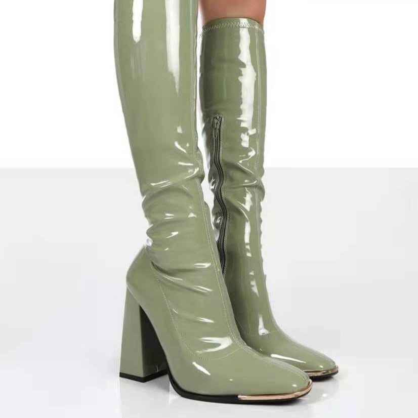 Women's Knee-High Patent Leather Boots with Block Heels, Square Toe and Metal Cap Protection