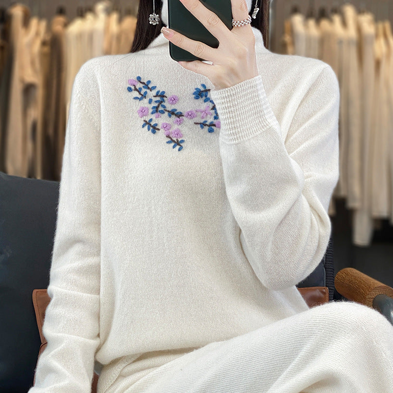 Women's Cashmere-Optics Turtleneck Sweater with Delicate Floral Embroidery on the Chest Area