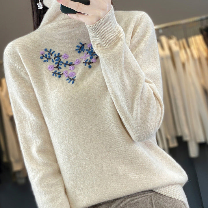Women's Cashmere-Optics Turtleneck Sweater with Delicate Floral Embroidery on the Chest Area
