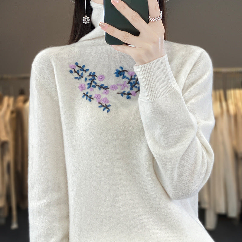 Women's Cashmere-Optics Turtleneck Sweater with Delicate Floral Embroidery on the Chest Area