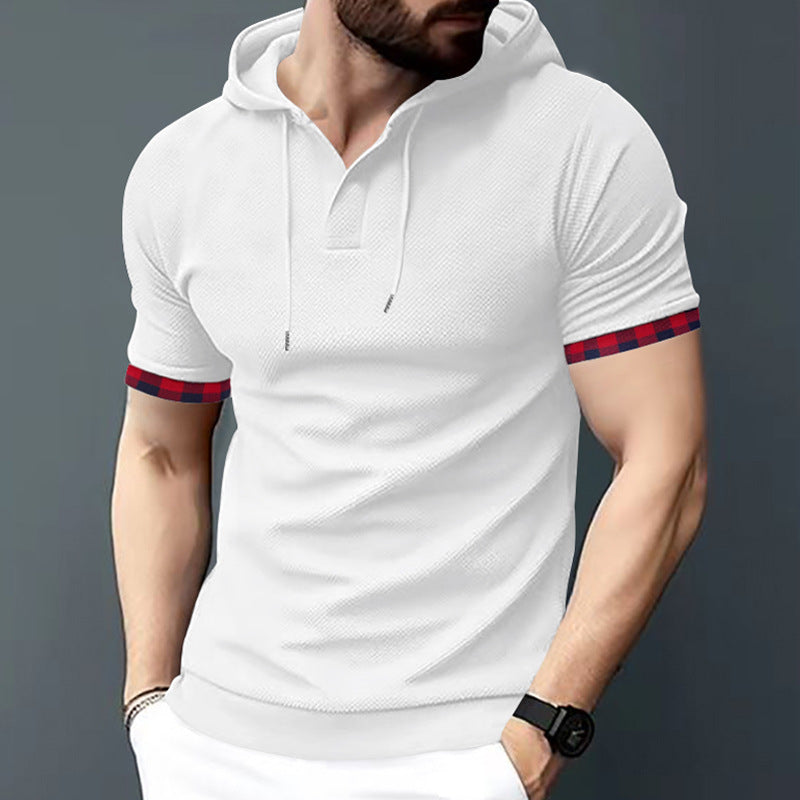 Men's Fitted Short Sleeve Hooded Polo Shirt with Henley Placket and Drawstring