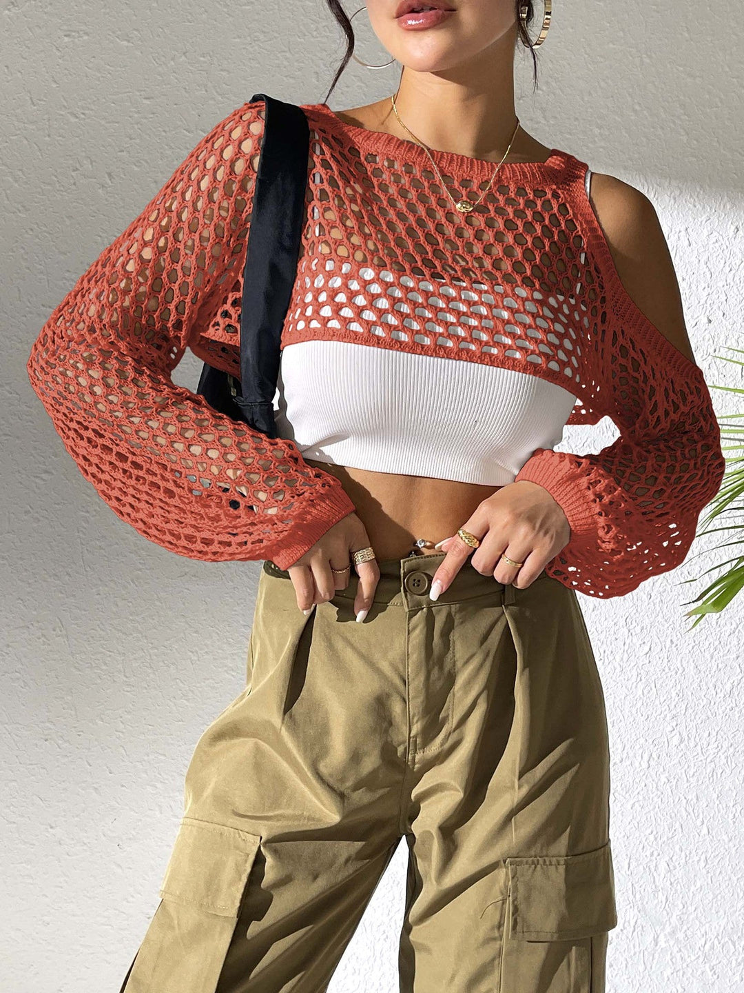 Women's Casual Mesh Sweater with Open Shoulders