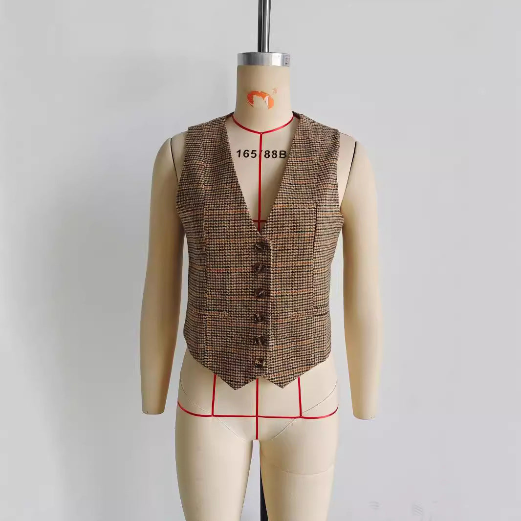 Women's Tailored Houndstooth Vest with V-neck and Classic Button Placket