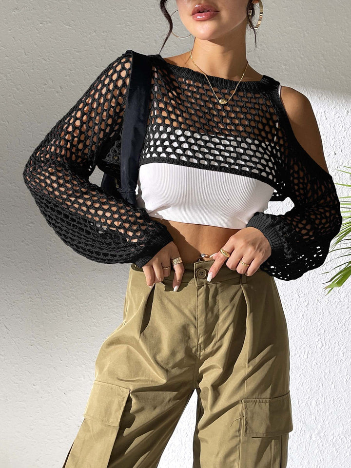 Women's Casual Mesh Sweater with Open Shoulders