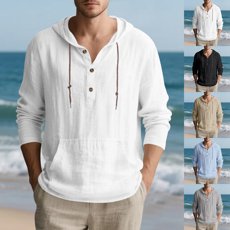 Men's Lightweight Hooded Henley made of Linen-cotton Blend with Kangaroo Pocket and Button Placket