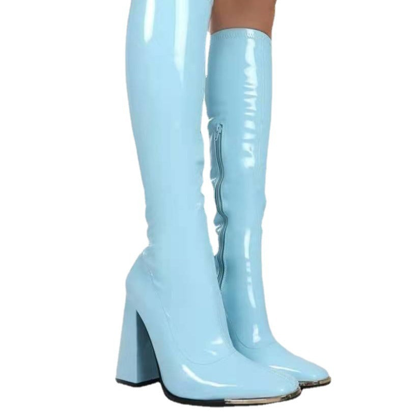 Women's Knee-High Patent Leather Boots with Block Heels, Square Toe and Metal Cap Protection