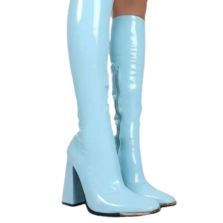 Women's Knee-High Patent Leather Boots with Block Heels, Square Toe and Metal Cap Protection