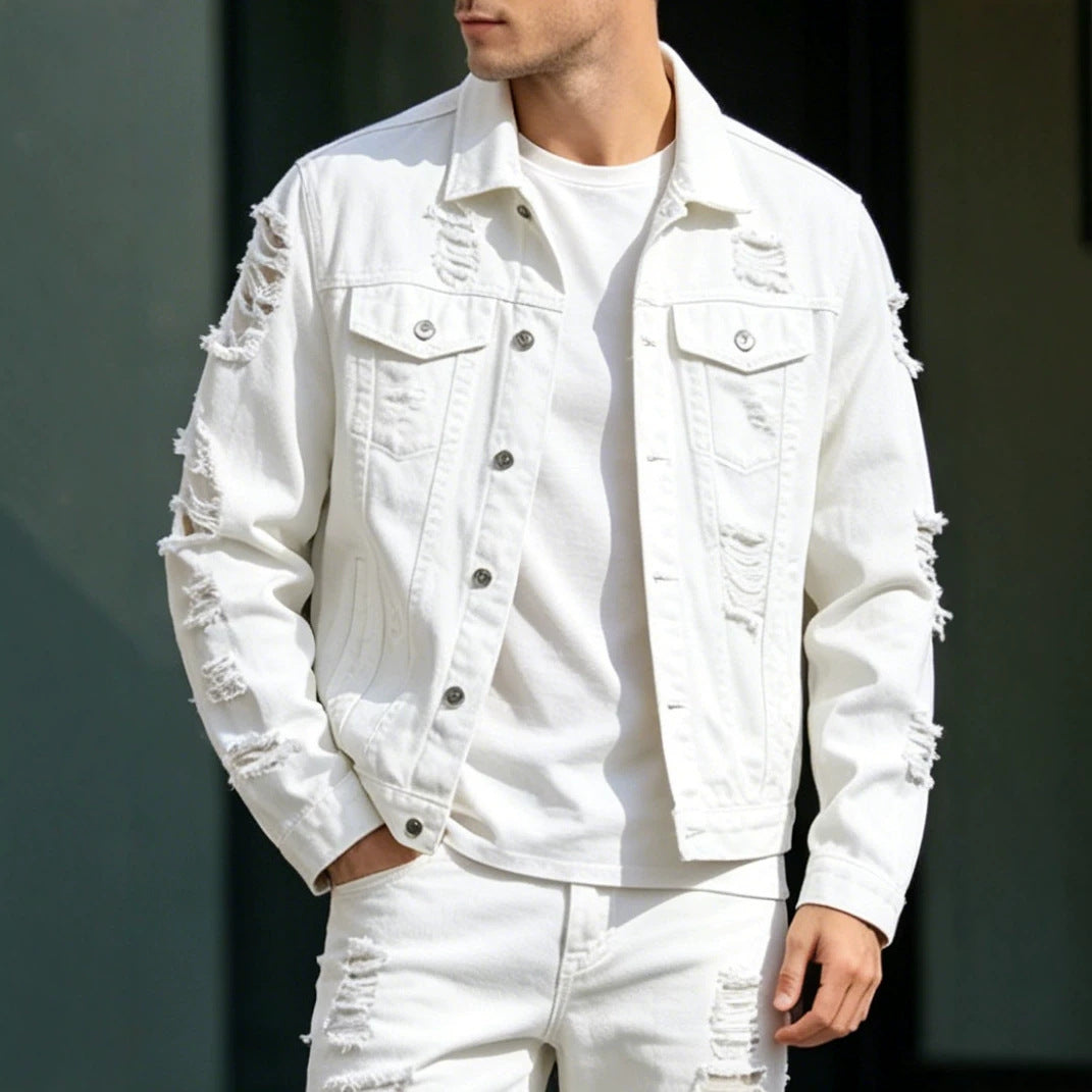 Men's Fashionable Denim Jacket with Distressed Details