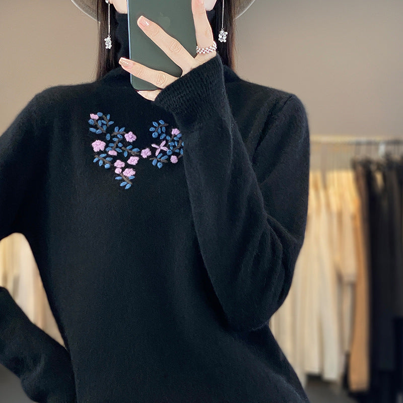 Women's Cashmere-Optics Turtleneck Sweater with Delicate Floral Embroidery on the Chest Area