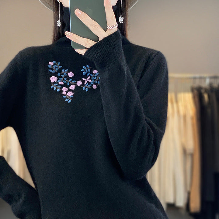 Women's Cashmere-Optics Turtleneck Sweater with Delicate Floral Embroidery on the Chest Area
