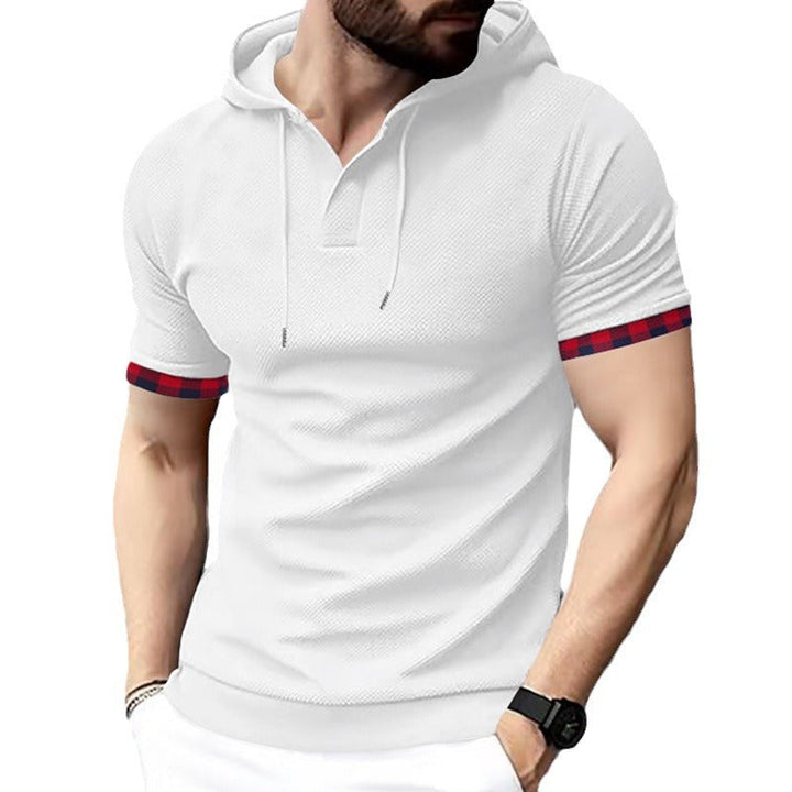 Men's Fitted Short Sleeve Hooded Polo Shirt with Henley Placket and Drawstring