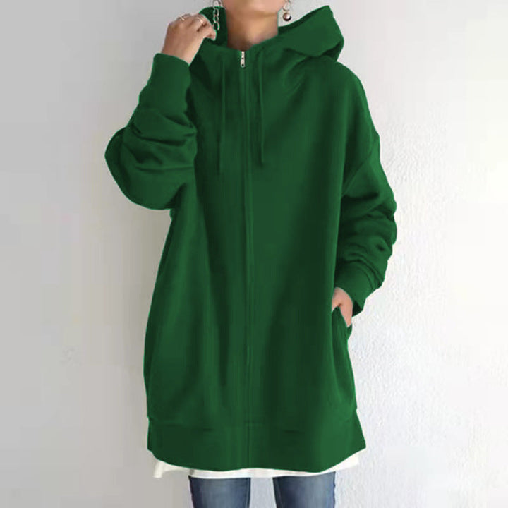 Women's Oversized Hooded Long Pullover with Zipper and Side Pockets