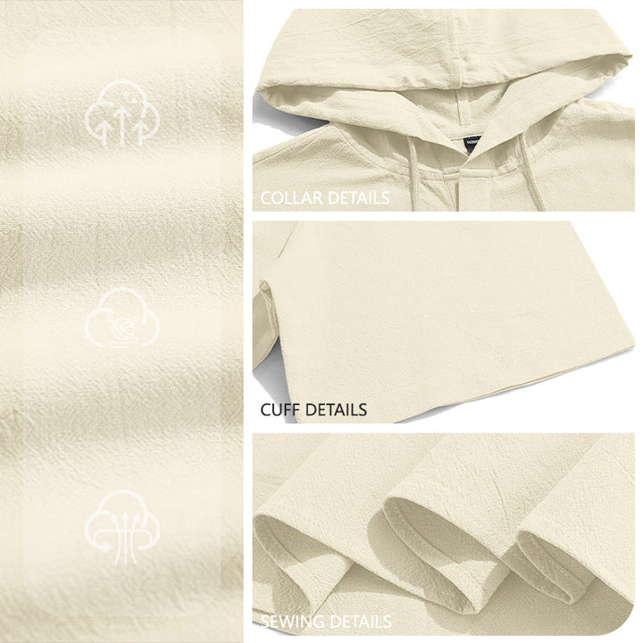 Men's Short-sleeved Hooded Henley made of Slub Cotton with Concealed Button Placket and Drawstring