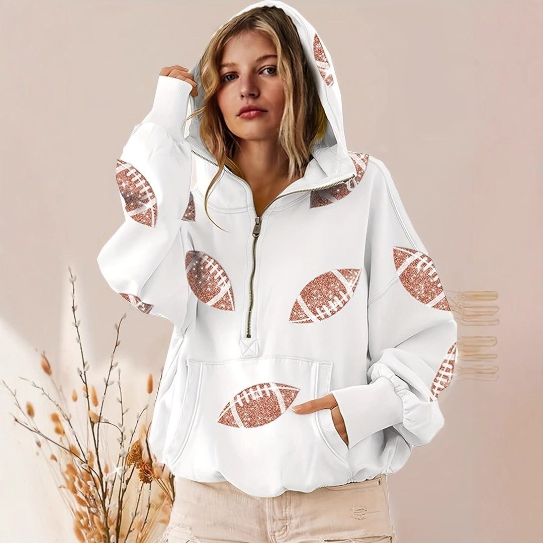 Women's Oversized Hoodie with Half Zipper and Sequin Football Application