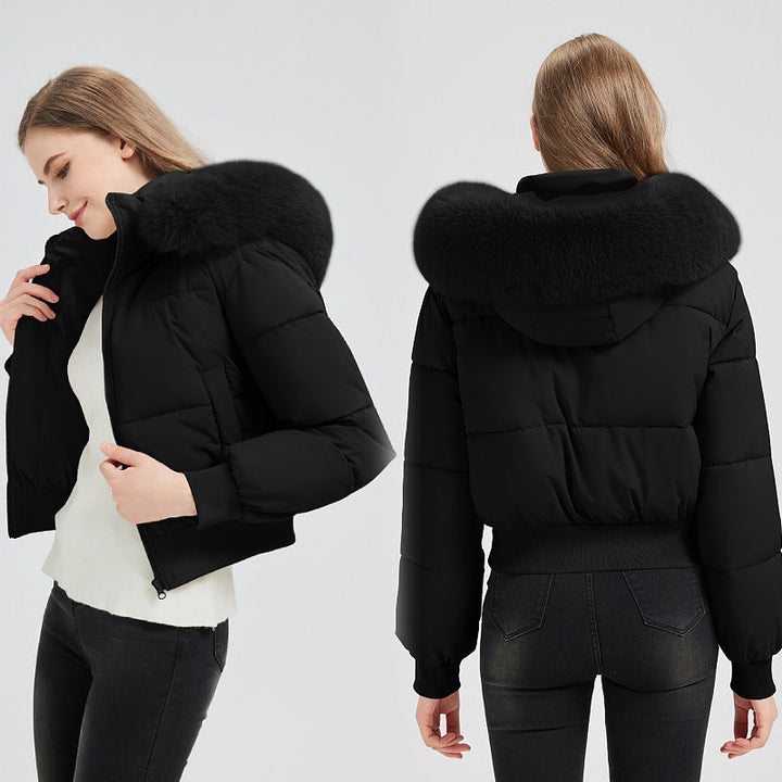 Women's Short Bomber Puffer Jacket with Hood and Removable Faux Fur Collar