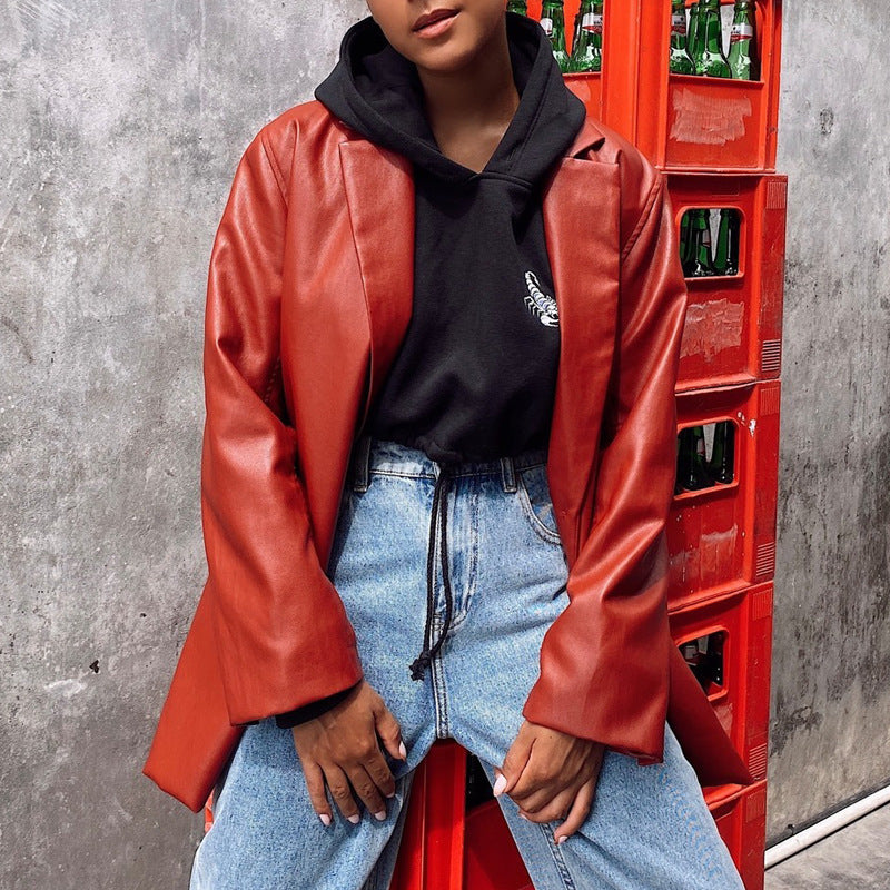 Women's Oversized Faux Leather Blazer Jacket