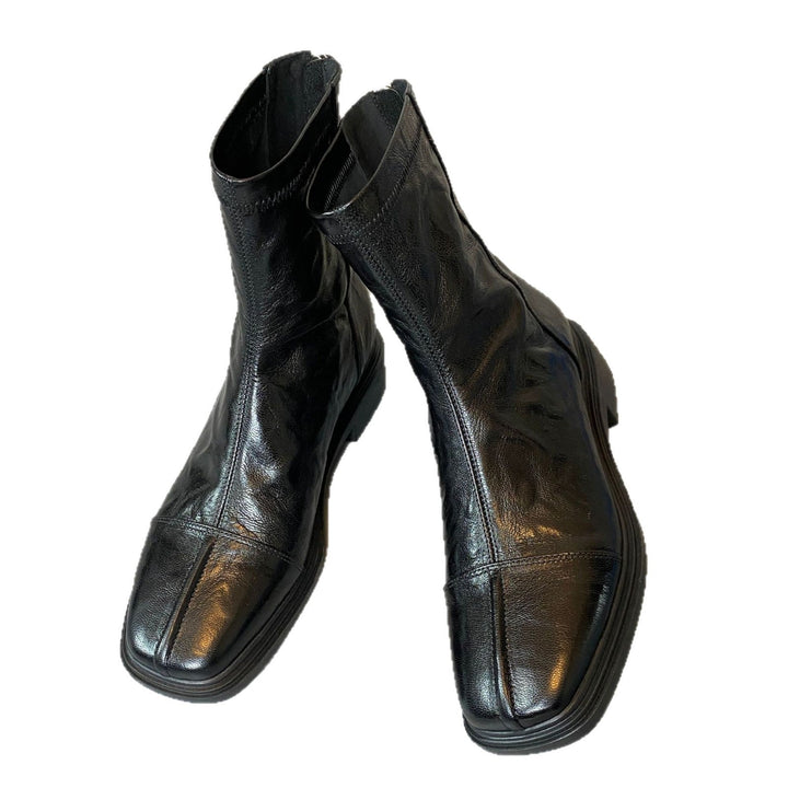 Women's Leather Boots with Square Toe and Patterned Rubber Sole