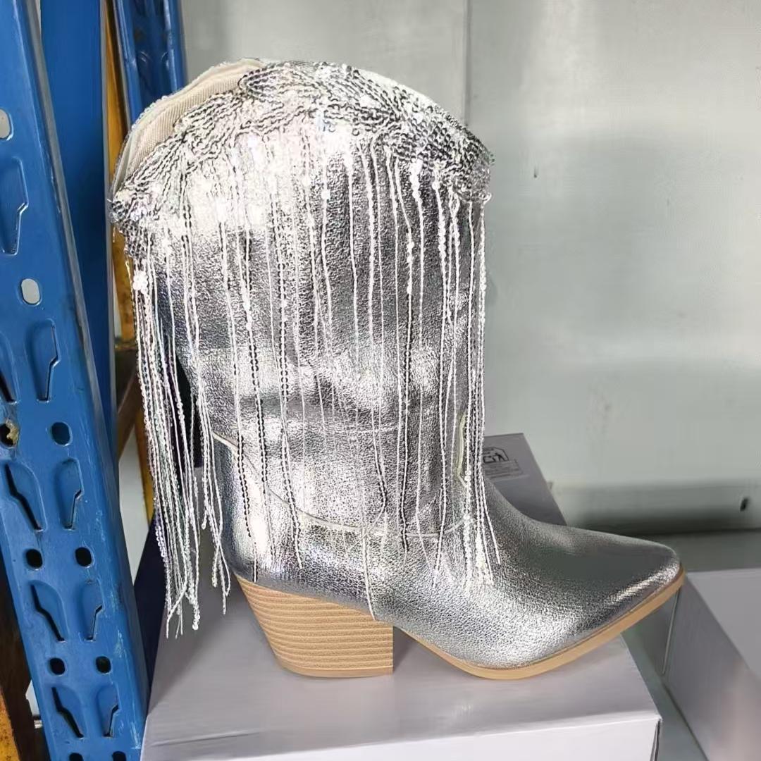 Women's Knee-high Fringe Cowboy Boots with Fine Beaded Fringe Decoration and Sculpted Block Heel