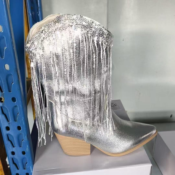 Women's Knee-high Fringe Cowboy Boots with Fine Beaded Fringe Decoration and Sculpted Block Heel