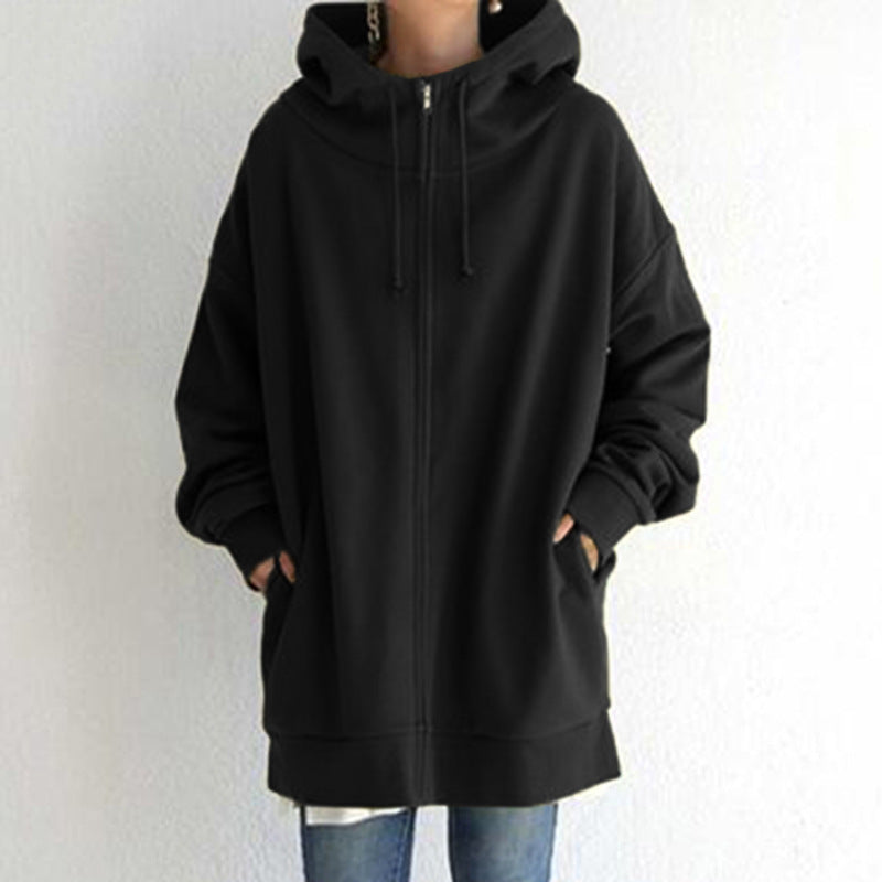 Women's Oversized Hooded Long Pullover with Zipper and Side Pockets