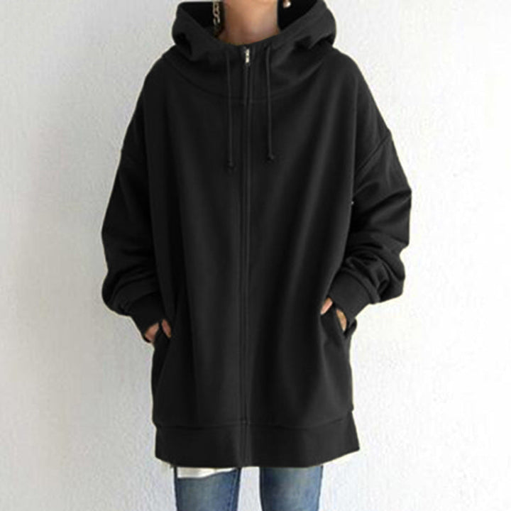 Women's Oversized Hooded Long Pullover with Zipper and Side Pockets