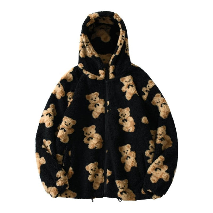Bear Teddy Print Plush Jacket Fluffy Hood Outerwear