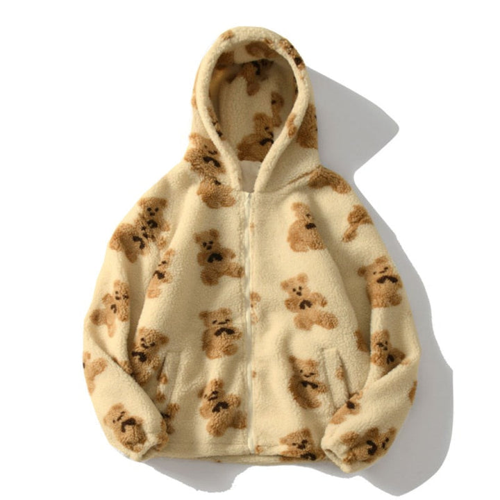 Bear Teddy Print Plush Jacket Fluffy Hood Outerwear