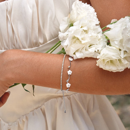 Silver-Tone White Pearl Blossom Bracelet