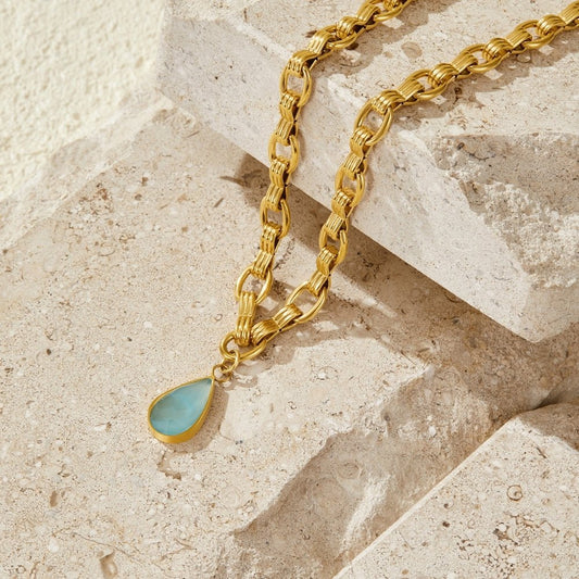 Aqua Stone Drop Gold-Tone Chain Necklace