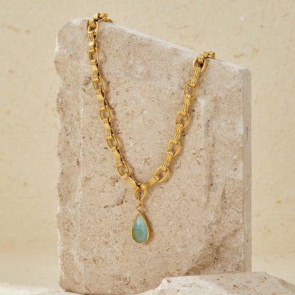 Aqua Stone Drop Gold-Tone Chain Necklace
