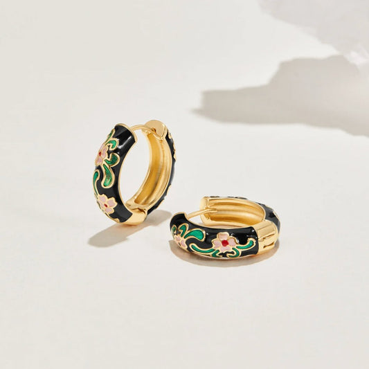 Black Gold-Tone Hoop Flower Earrings
